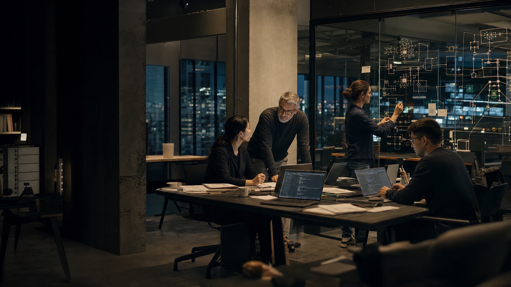 Engineering team collaborating in a modern technology studio